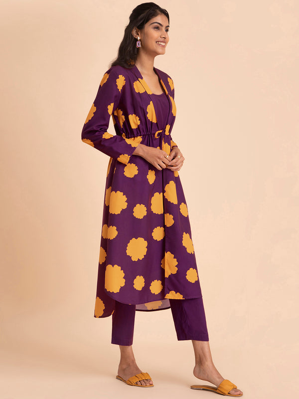 Buy Purple and Yellow Kurta Set With Floral Overlay Online | Pink Fort