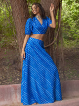 Buy Blue Chanderi Leheriya Skirt Set Online | Pink fort