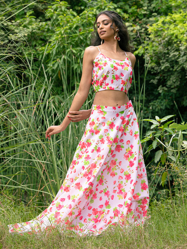 Buy Pink and White Chanderi Floral Skirt Set Online | Pink fort