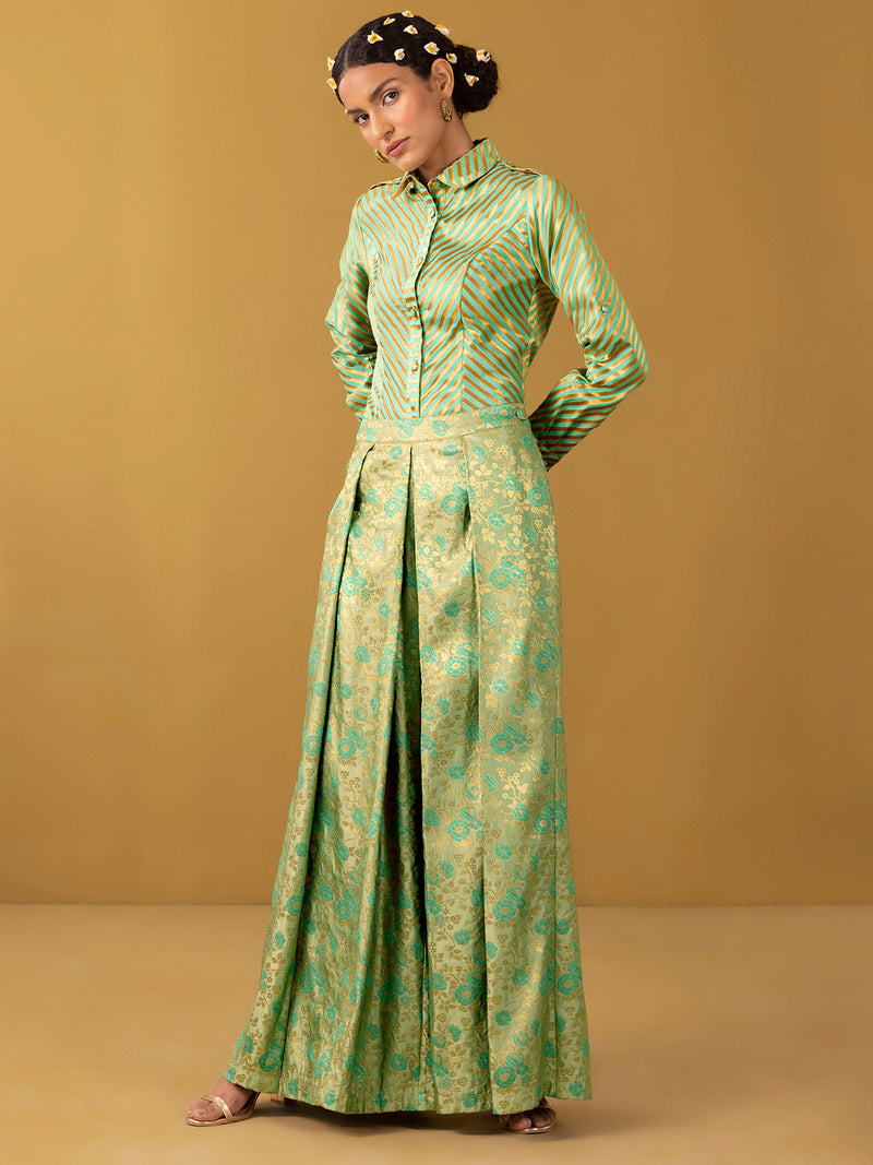 Buy Sea Green Chanderi Brocade Shirt and Wide Leg Trousers Set - Sea Green Online | Pink Fort