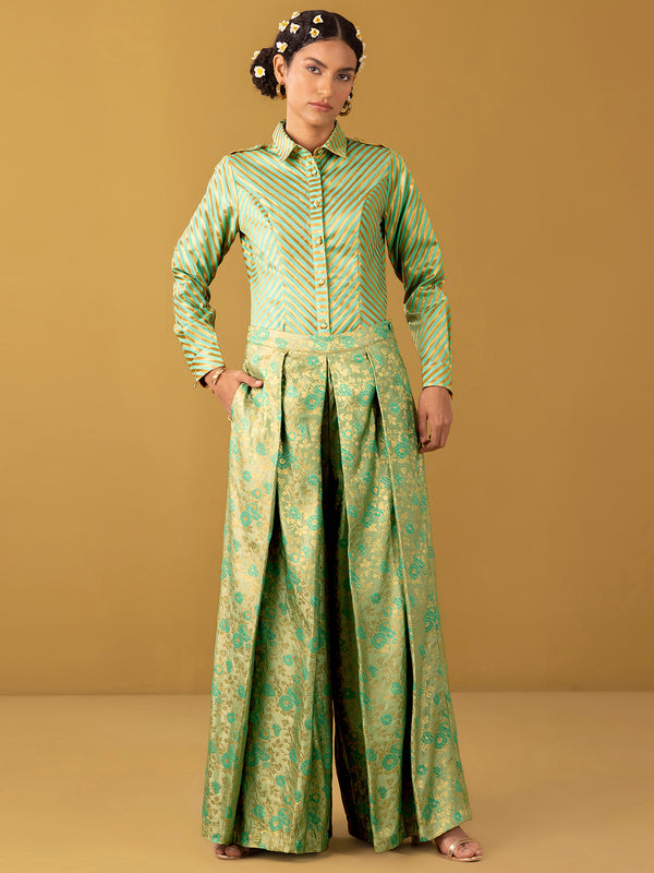 Buy Sea Green Chanderi Brocade Shirt and Wide Leg Trousers Set - Sea Green Online | Pink Fort