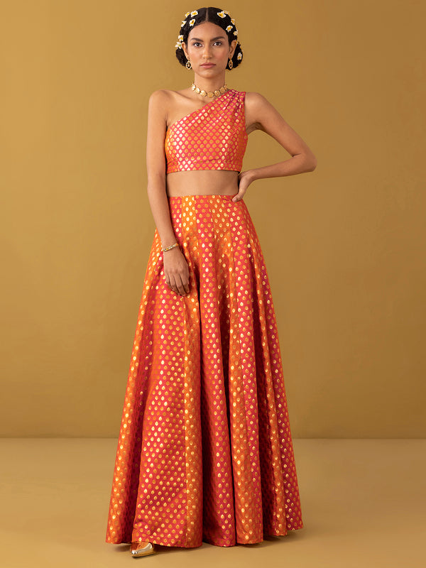 Buy Orange Chanderi Brocade Blouse and Flared Skirt Set - Orange Online | Pink Fort
