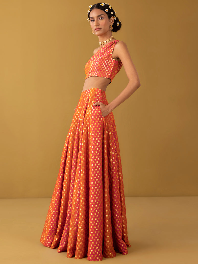 Buy Orange Chanderi Brocade Blouse and Flared Skirt Set - Orange Online | Pink Fort