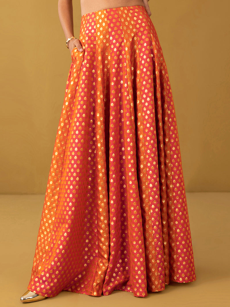 Buy Orange Chanderi Brocade Blouse and Flared Skirt Set - Orange Online | Pink Fort