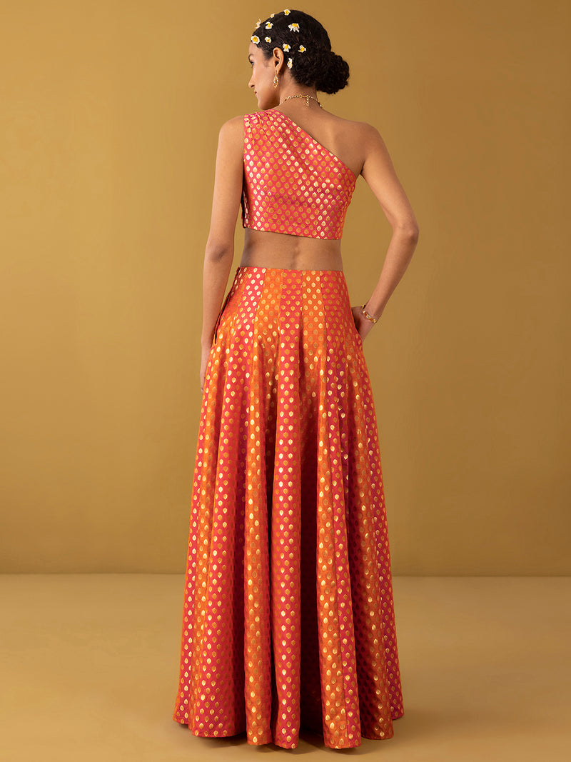 Buy Orange Chanderi Brocade Blouse and Flared Skirt Set - Orange Online | Pink Fort