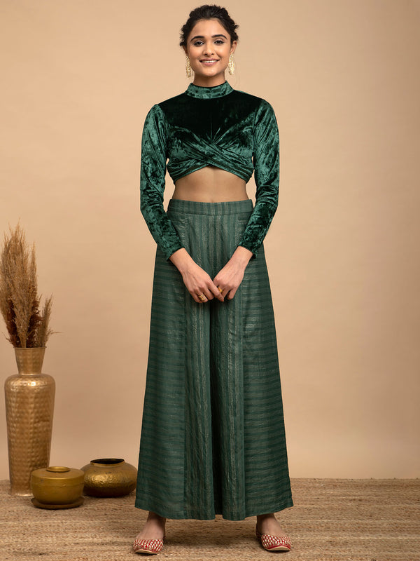 Buy Green Velvet Blouse With Trousers Online | Pinkfort