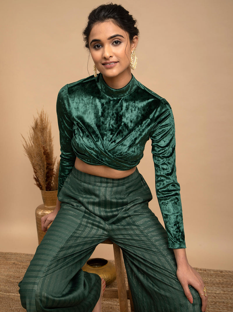 Buy Green Velvet Blouse With Trousers Online | Pinkfort