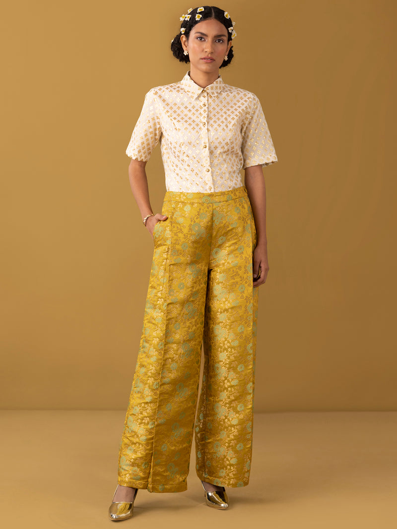 Buy Off white and Yellow Chanderi Brocade Shirt and Trouser Set - Off white and Yellow Online | Pink Fort