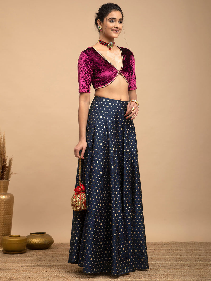 Buy Wine and Navy Blue Velvet Blouse and Silk Skirt Set Online | Pinkfort
