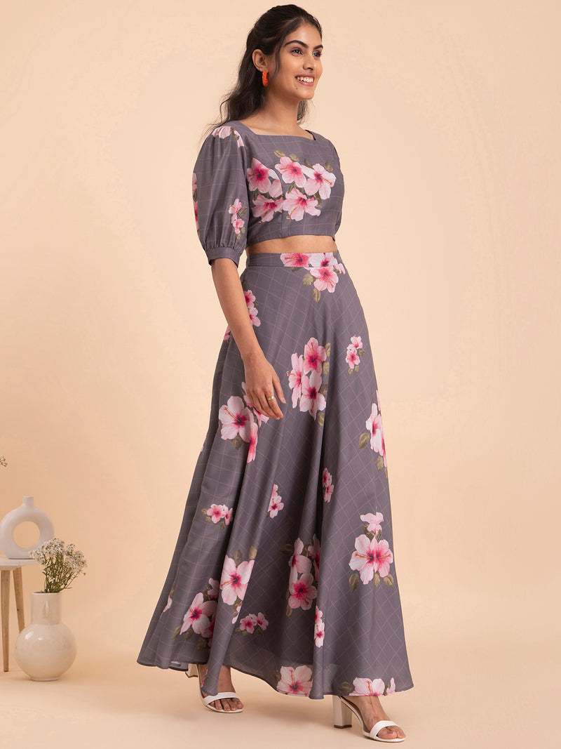 Buy Grey Floral Muslin Blouse and Skirt Set Online | Pink Fort