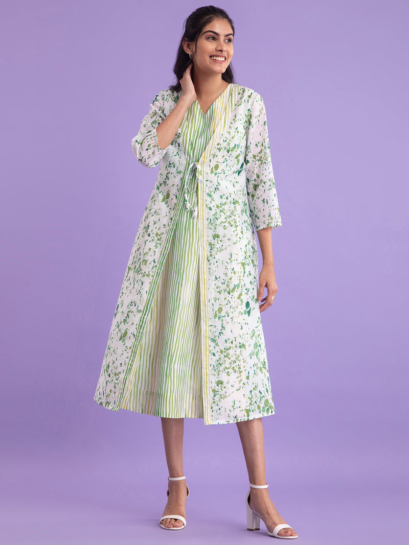 Buy White And Light Green Chanderi V Neck Dress Set Online | Pink Fort