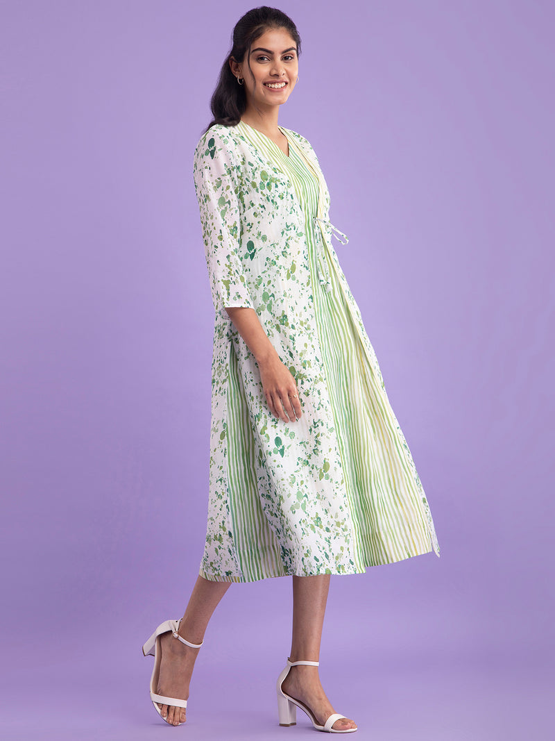 Buy White And Light Green Chanderi V Neck Dress Set Online | Pink Fort