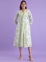 Buy White And Light Green Chanderi V Neck Dress Set Online | Pink Fort