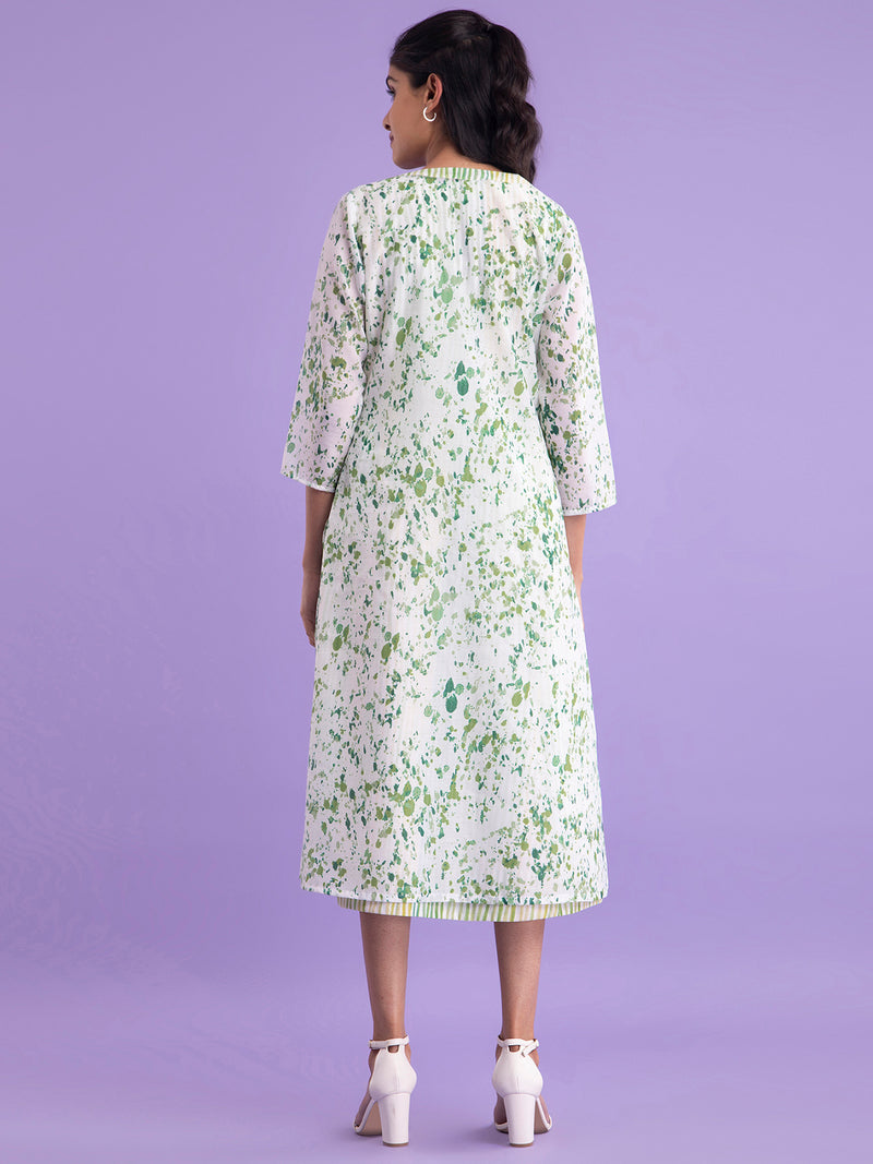 Buy White And Light Green Chanderi V Neck Dress Set Online | Pink Fort
