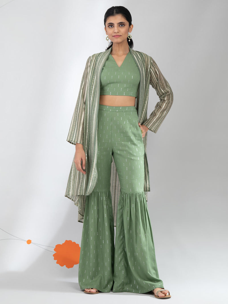 Foil Print Crop Top And Pants With Overlay - Green