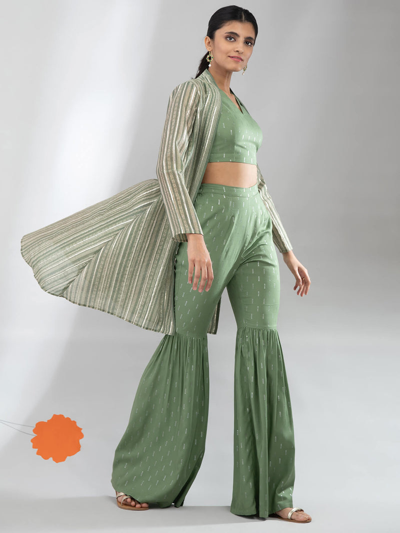 Foil Print Crop Top And Pants With Overlay - Green