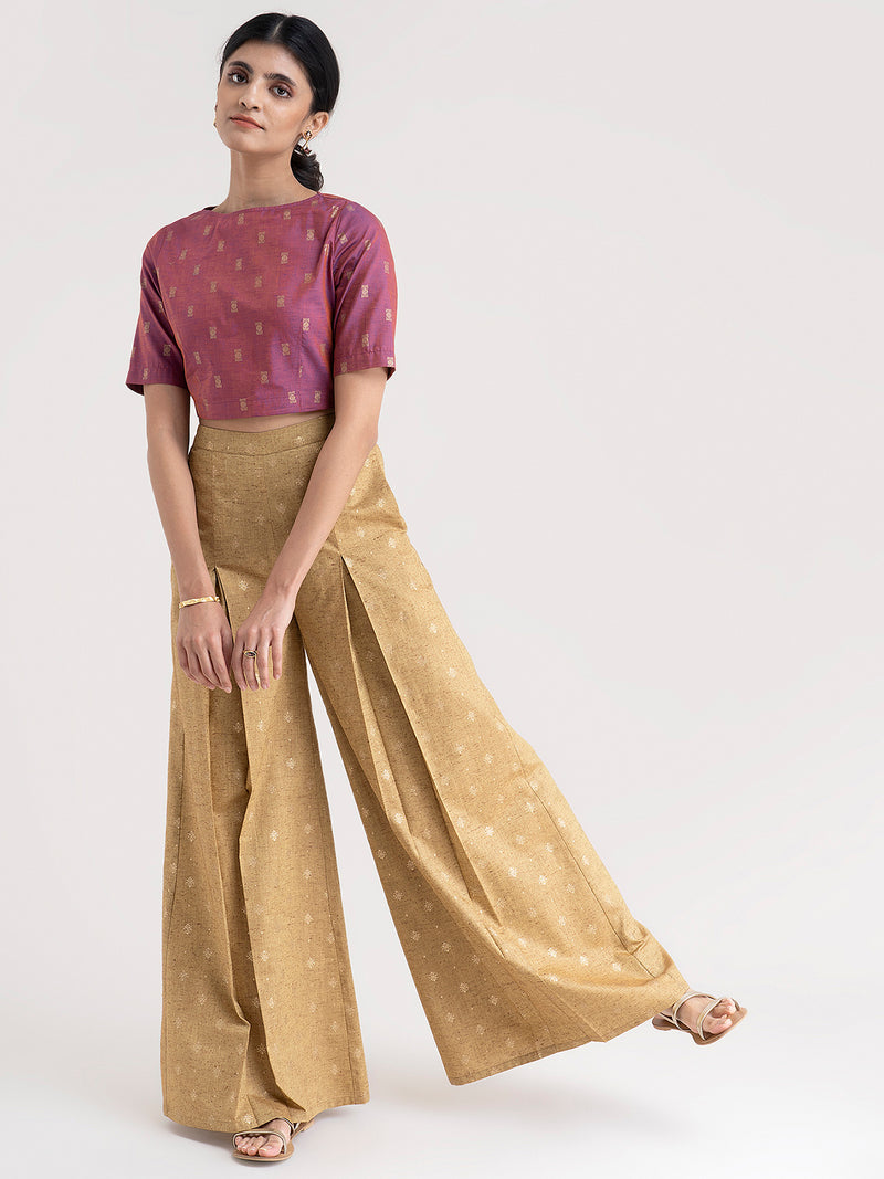 Buy Magenta And Beige Gold Foil Print Crop Top With Pleated Trousers - Online | Pinkfort