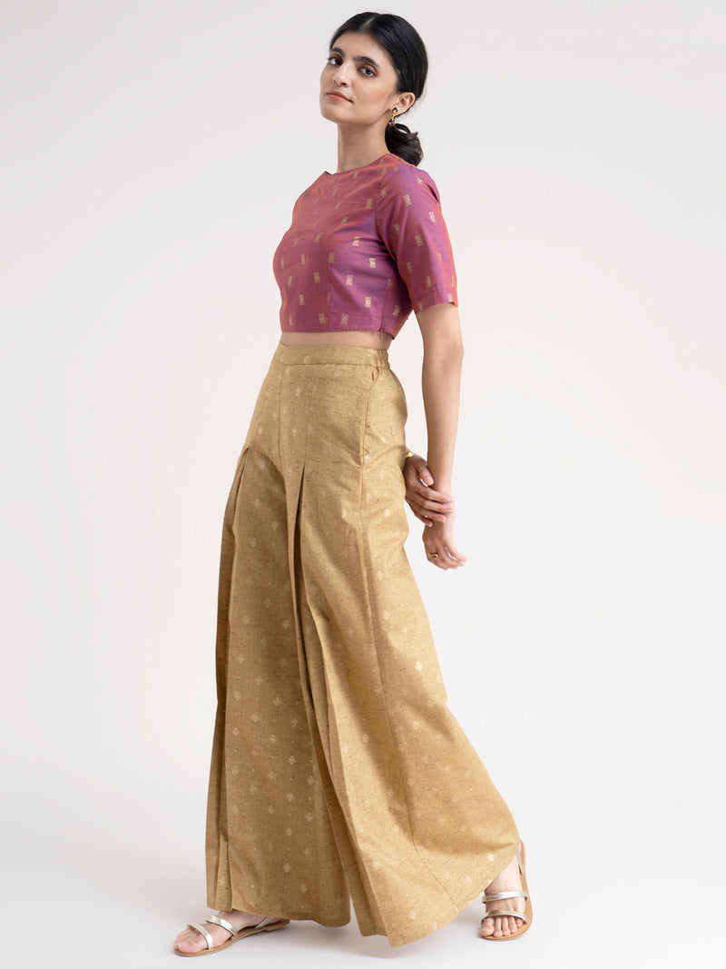 Buy Magenta And Beige Gold Foil Print Crop Top With Pleated Trousers - Online | Pinkfort