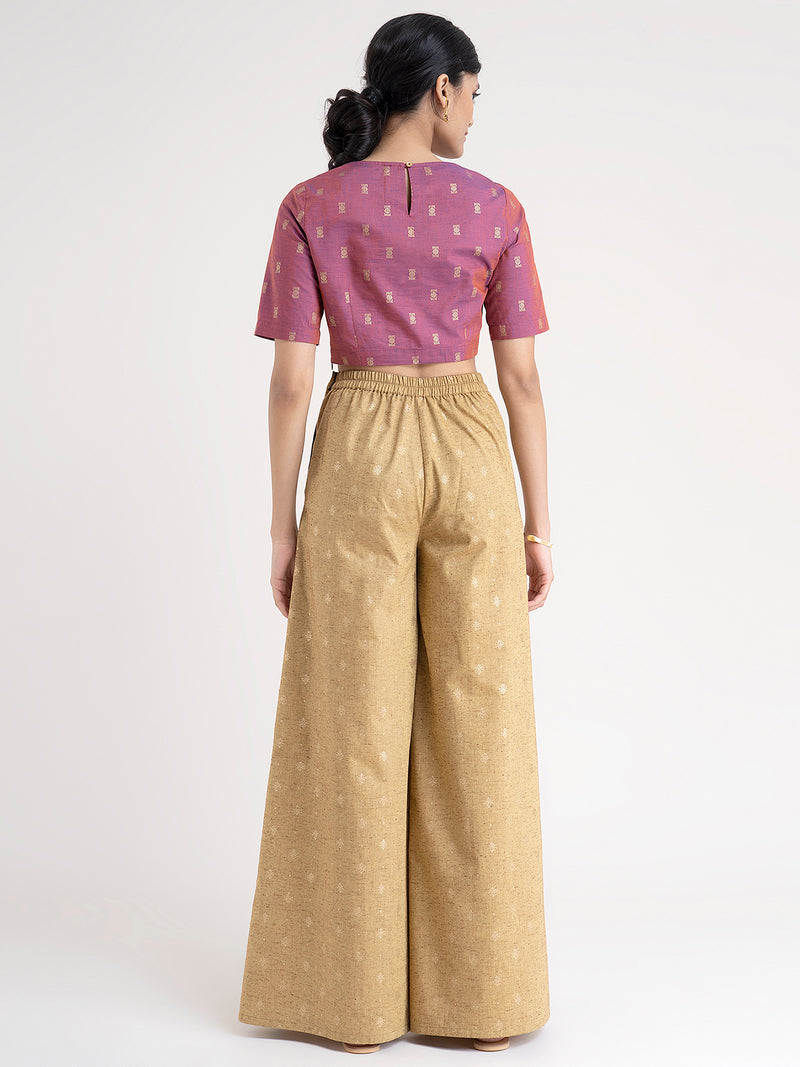 Buy Magenta And Beige Gold Foil Print Crop Top With Pleated Trousers - Online | Pinkfort