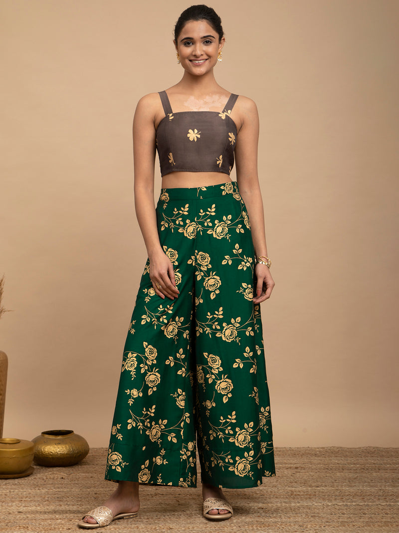 Buy Grey and Green Foil Print Silk Top and Trousers Set Online | Pink Fort