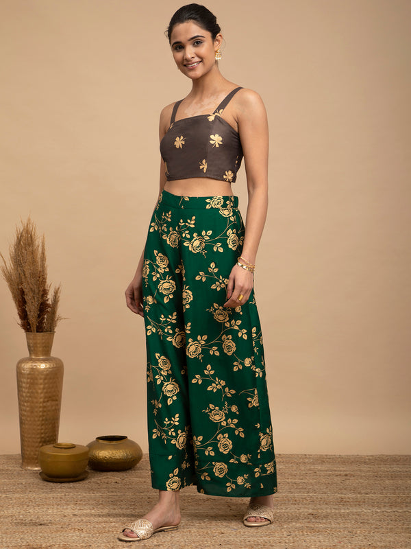 Buy Grey and Green Foil Print Silk Top and Trousers Set Online | Pink Fort