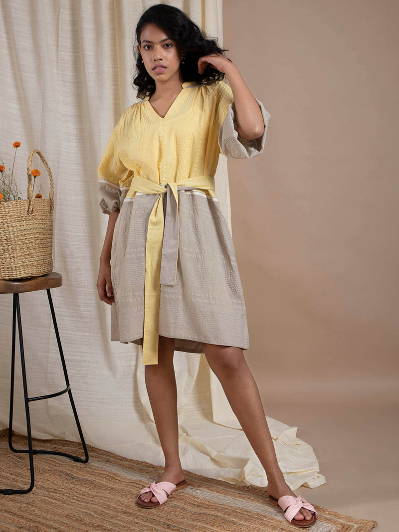 Buy Yellow and Beige A-Line Cotton Dress Online | Pink Fort