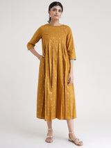 Buy Mustard Pleated Gold Foil Print Dress - Online | Pink Fort