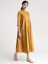 Buy Mustard Pleated Gold Foil Print Dress - Online | Pink Fort