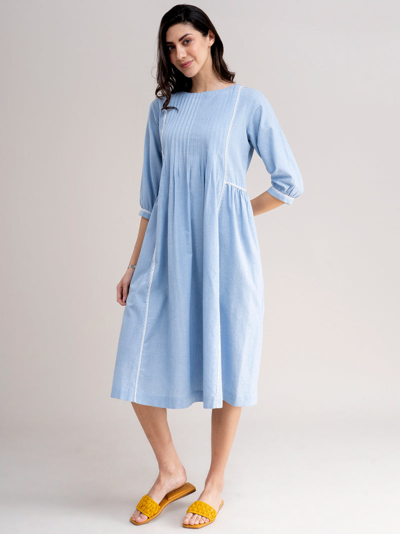 Buy Blue Gathered A-Line Cotton Dress Online | Pink Fort