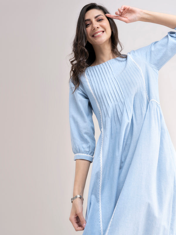 Buy Blue Gathered A-Line Cotton Dress Online | Pink Fort