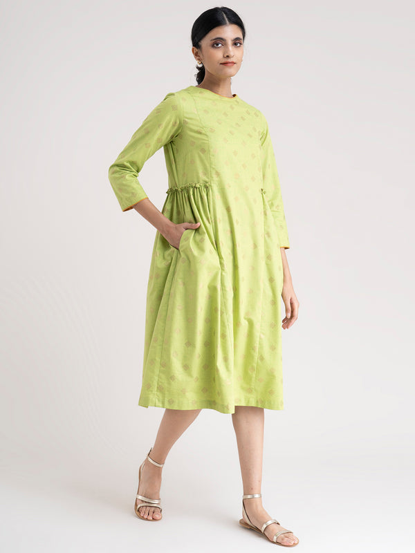 Buy Green A-Line Gold Foil Print Dress - Online | Pink Fort