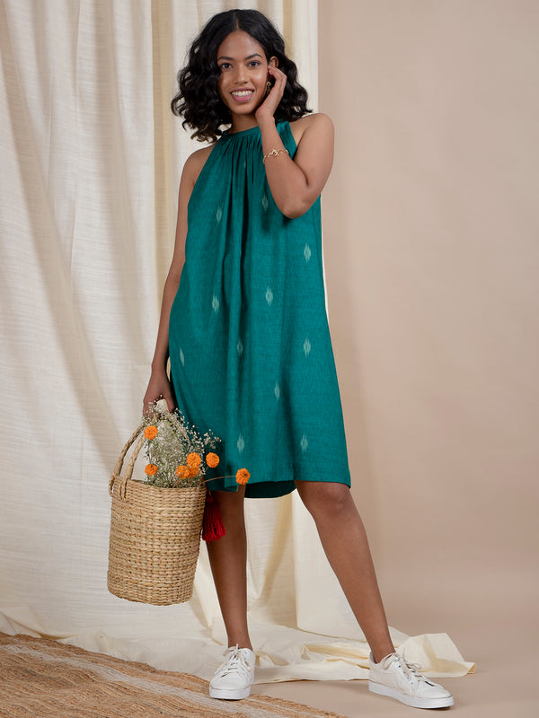 Buy Emarald Green Gathered Cotton Dress Online | Pink Fort