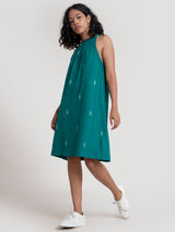 Buy Emarald Green Gathered Cotton Dress Online | Pink Fort