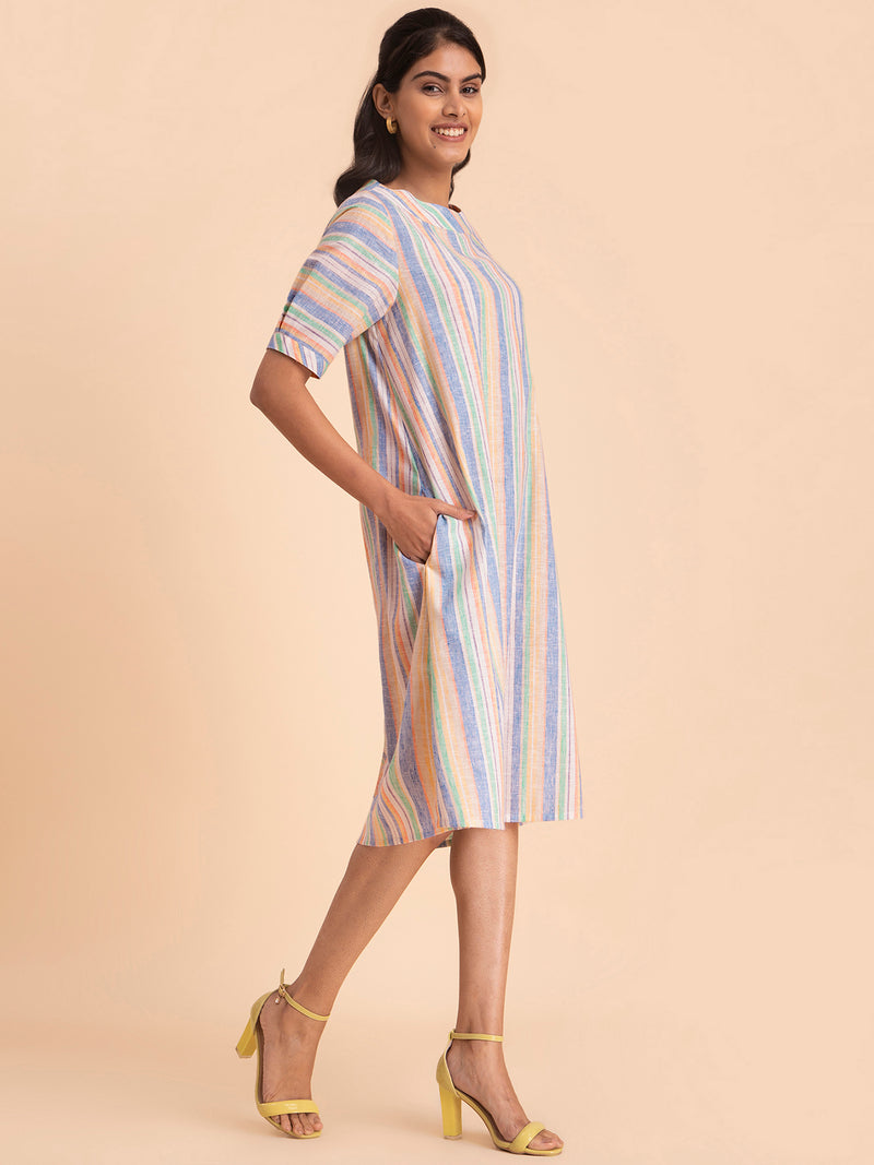 Buy Multicolour Striped Cotton Dress Online | Pink Fort