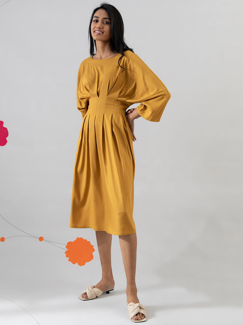 Buy Mustard Round Neck Pleated Dress Online | Pink Fort