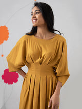 Buy Mustard Round Neck Pleated Dress Online | Pink Fort