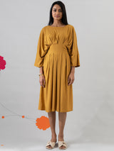 Buy Mustard Round Neck Pleated Dress Online | Pink Fort