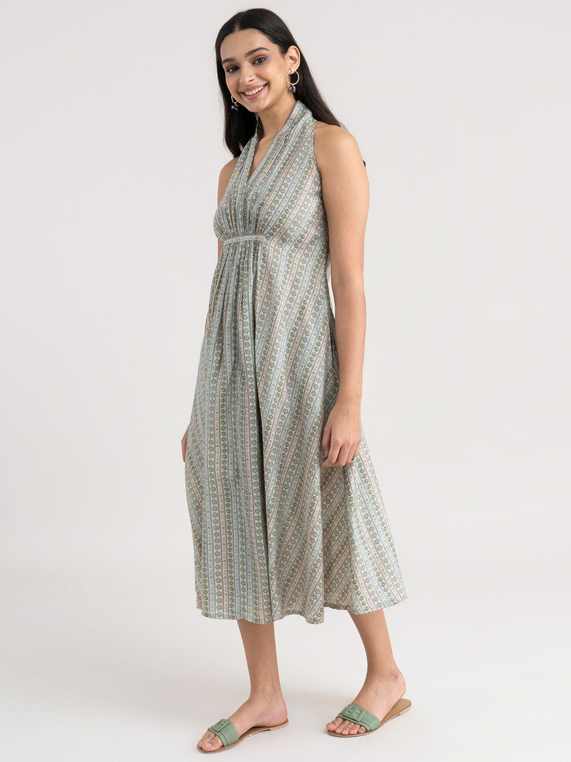 Buy Green Flowy Ethnic Print Dress - Green Online | Pink Fort