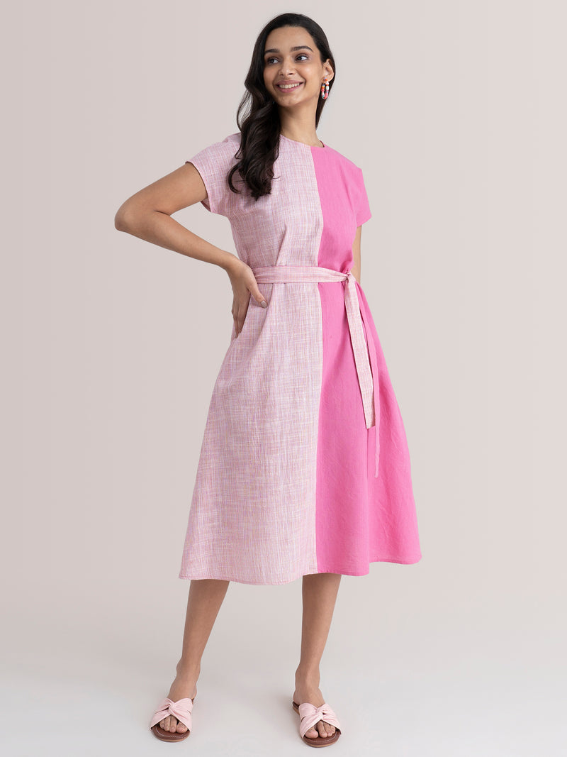 Buy Colour Block Cotton Dress - Pink And Red Online | Pink Fort