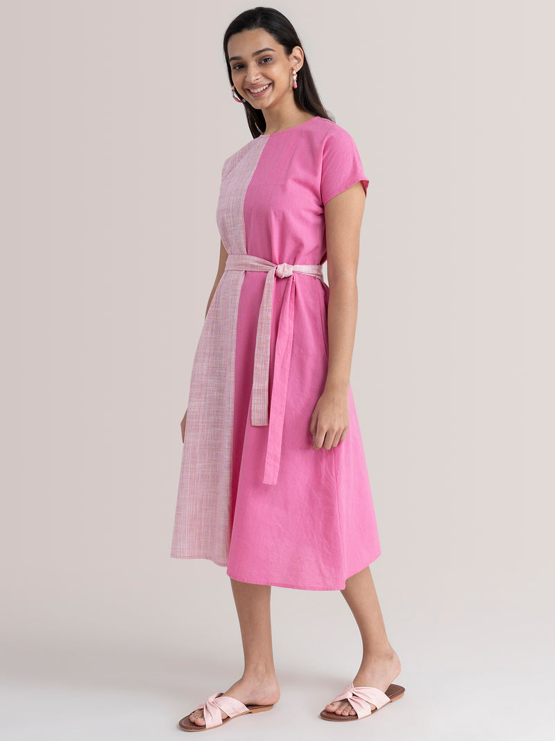 Buy Colour Block Cotton Dress - Pink And Red Online | Pink Fort