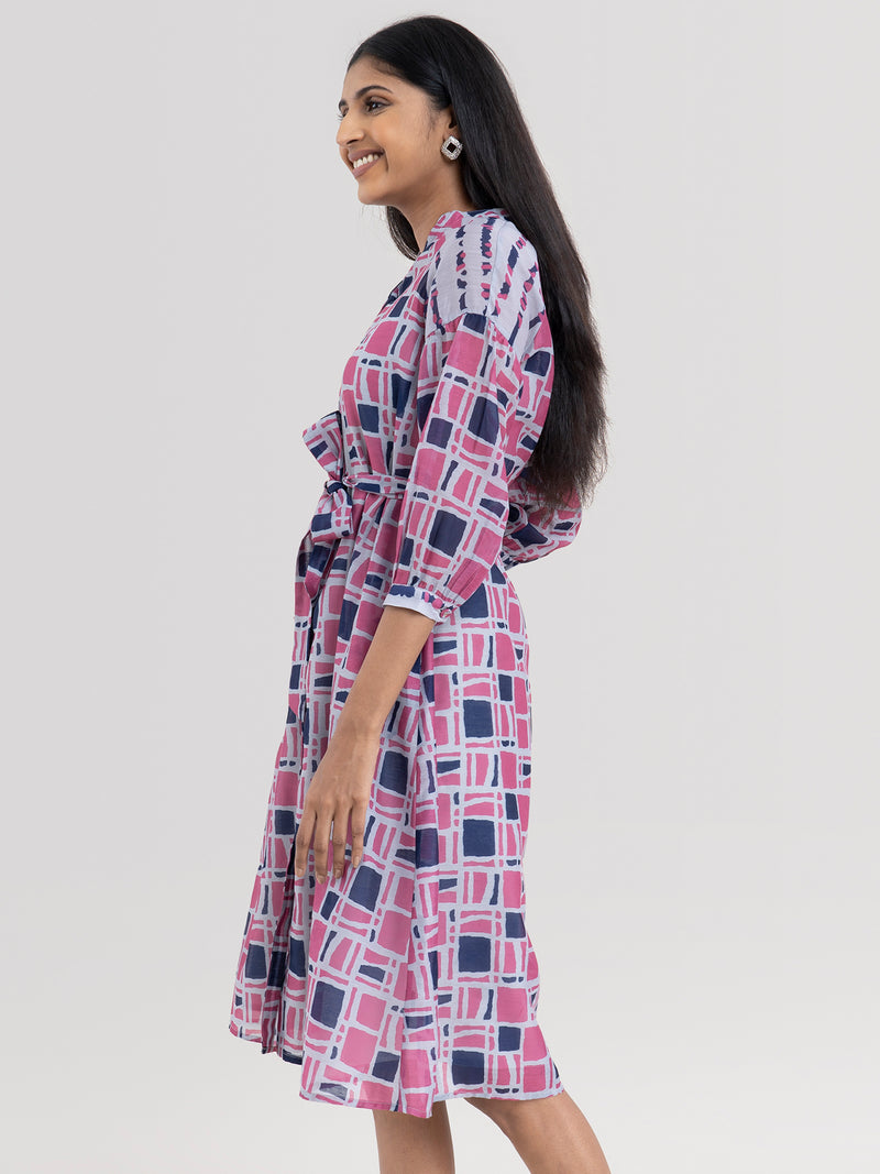 Buy Grey Abstract Print Puff Sleeve Dress Online | Pink Fort