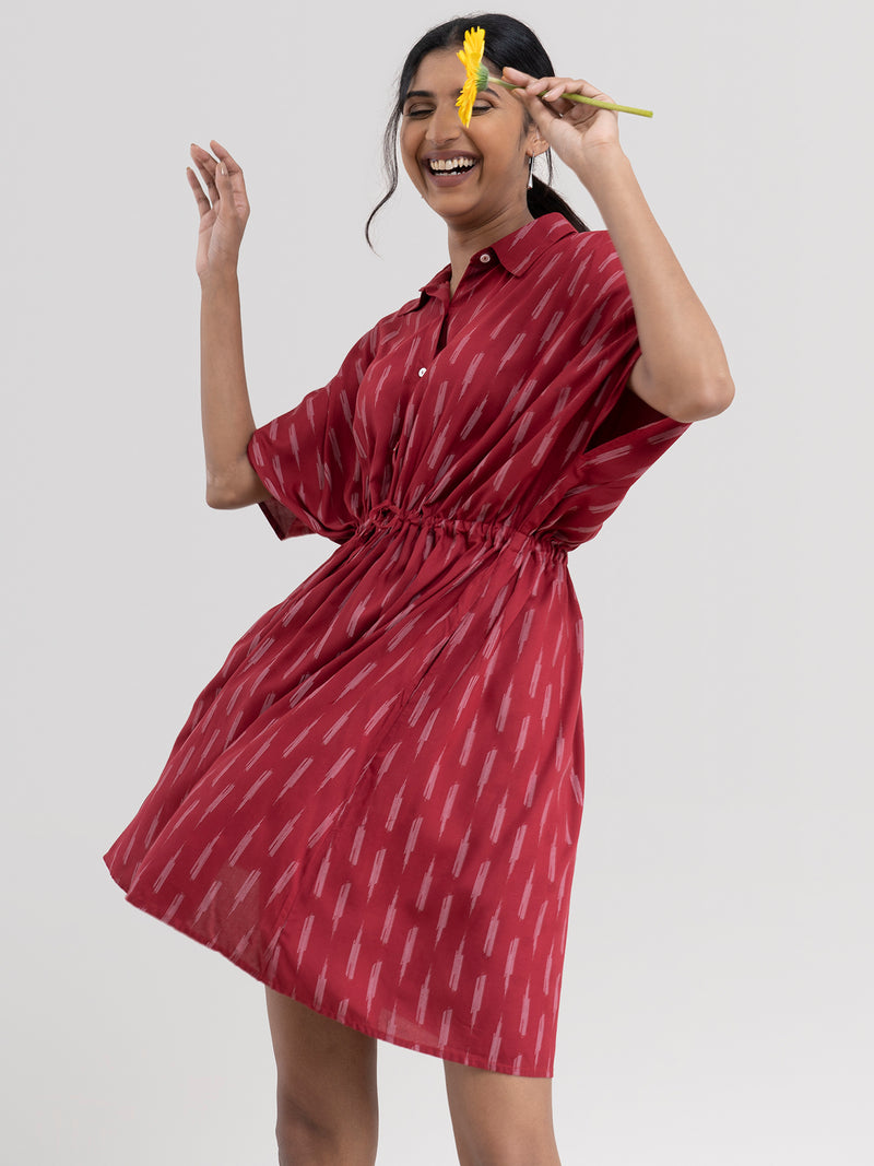 Buy Maroon Ikat Print Kaftan Dress Online | Pink Fort