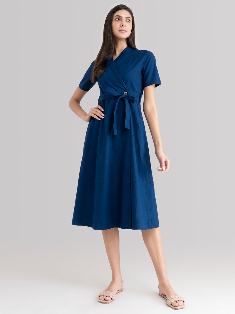 Buy Navy Blue Shawl Collar Wrap Dress Online | Pink Fort
