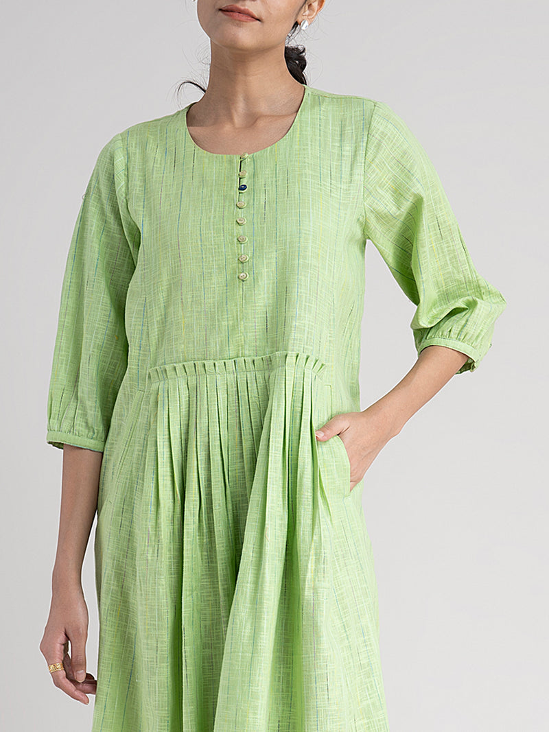 Buy Green Pleated Cotton Dress Online | Pink Fort