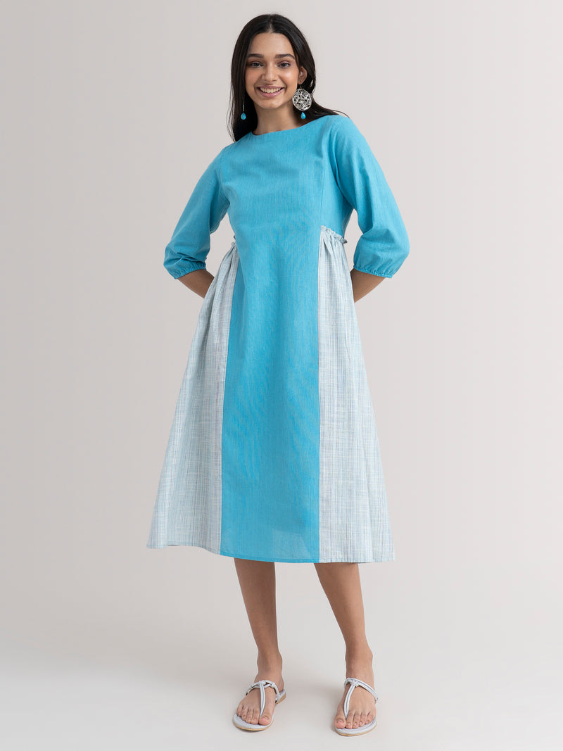 Buy Side Gathered Cotton Dress - Blue Online | Pink Fort