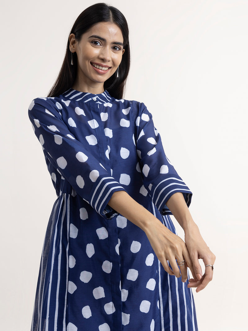 Buy Navy Blue Polka Mandarin Collar Dress Online | Pink Fort