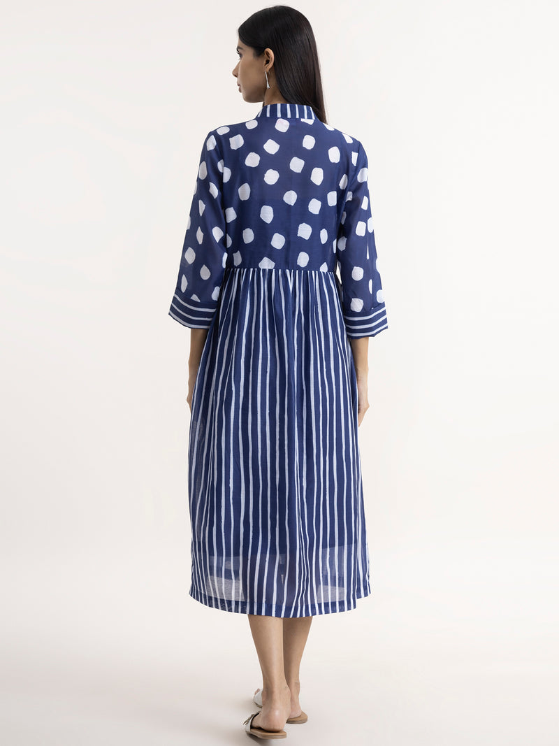 Buy Navy Blue Polka Mandarin Collar Dress Online | Pink Fort