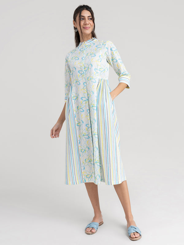 Buy Yellow And Blue Floral And Striped Dress Online | Pink Fort