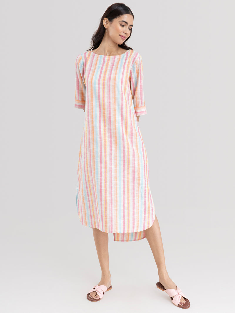 Buy Pink Stripe Play High-Low Dress Online | Pink Fort