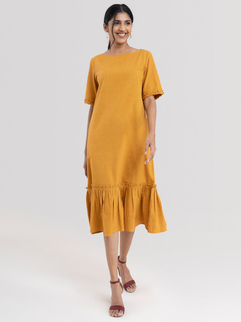 Buy Mustard Cotton Gathered Dress - Online | Pink Fort